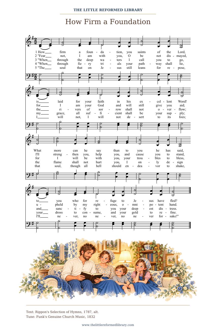 How Firm a Foundation hymn sheet with five verses and music notation