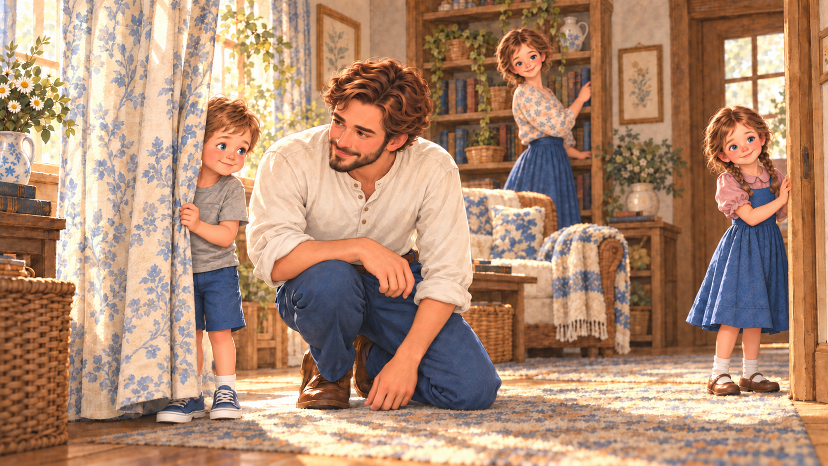 Caleb peeking from behind a curtain while Thomas speaks with him and Lucy searches nearby