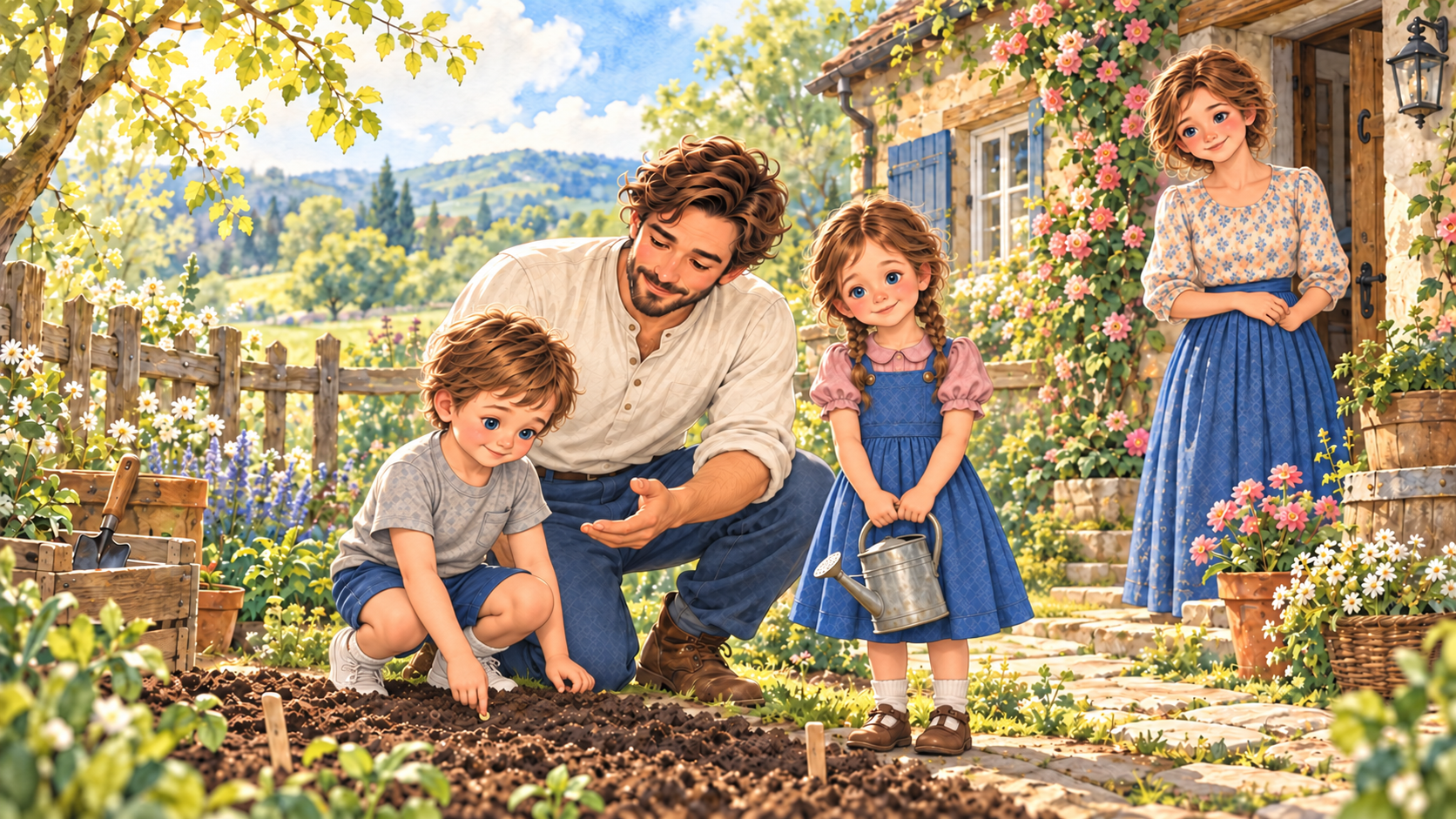 Caleb planting a seed in the garden while Thomas, Lucy, and Clara watch
