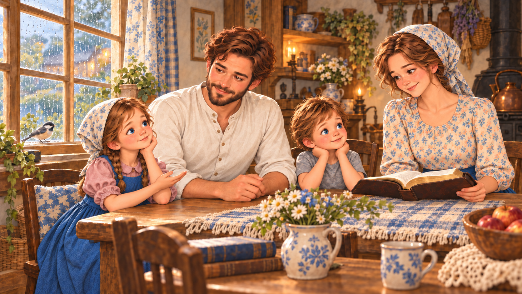 The Whitmore family gathered at the kitchen table during family worship on a rainy day
