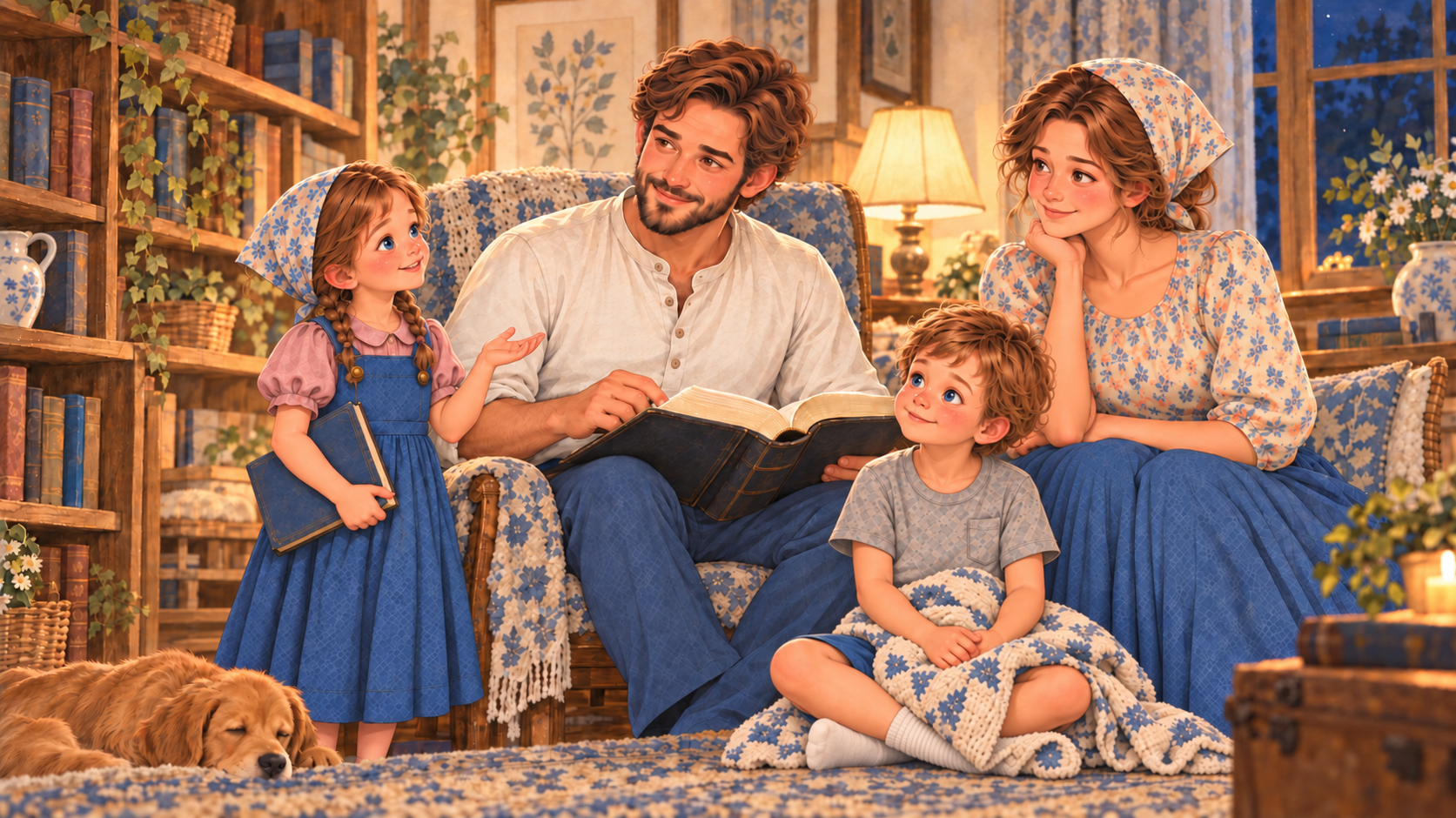 The Whitmore family gathered for bedtime Bible reading in their sitting room