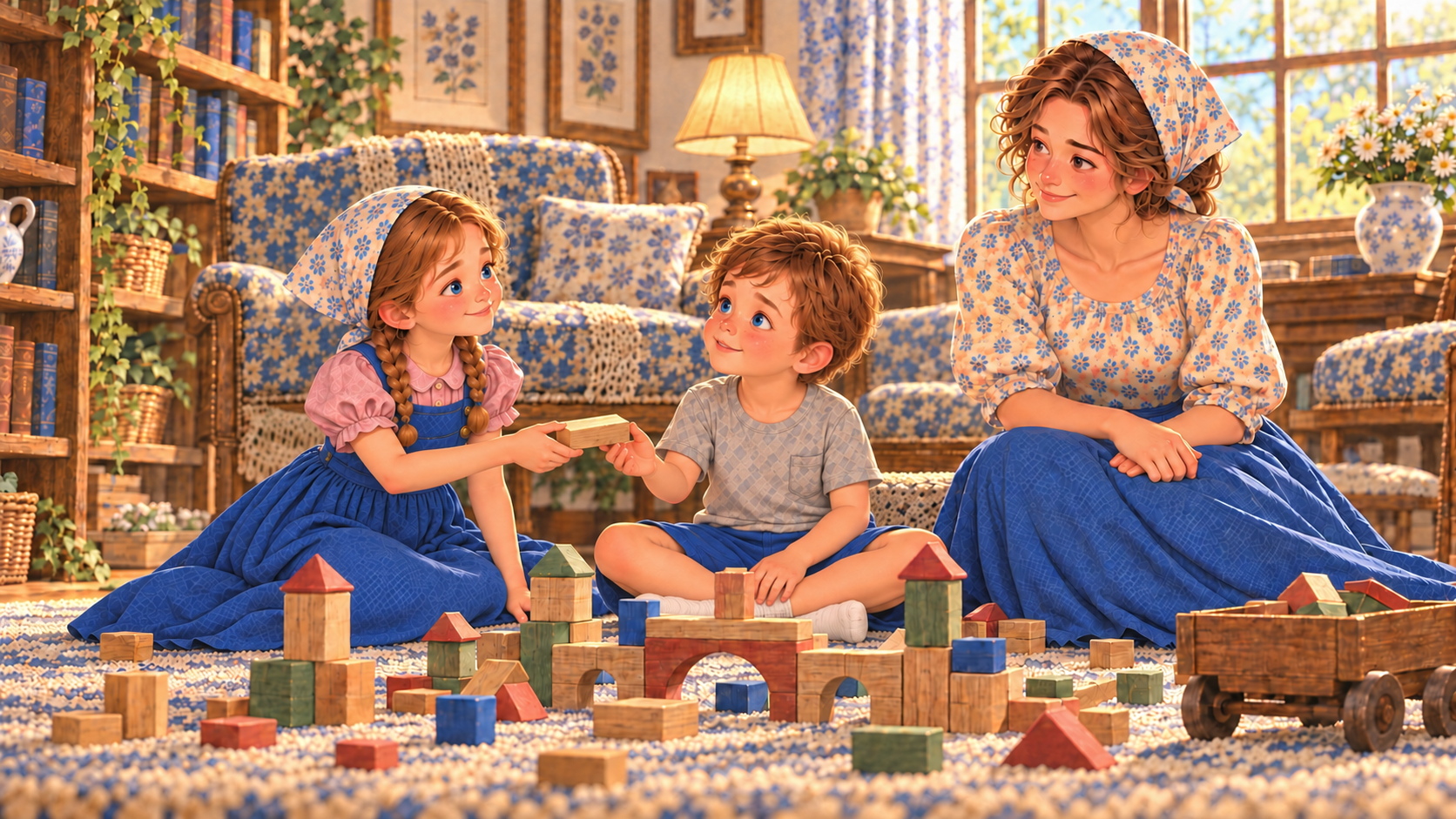 Lucy offers Caleb a wooden block as Clara watches their reconciliation